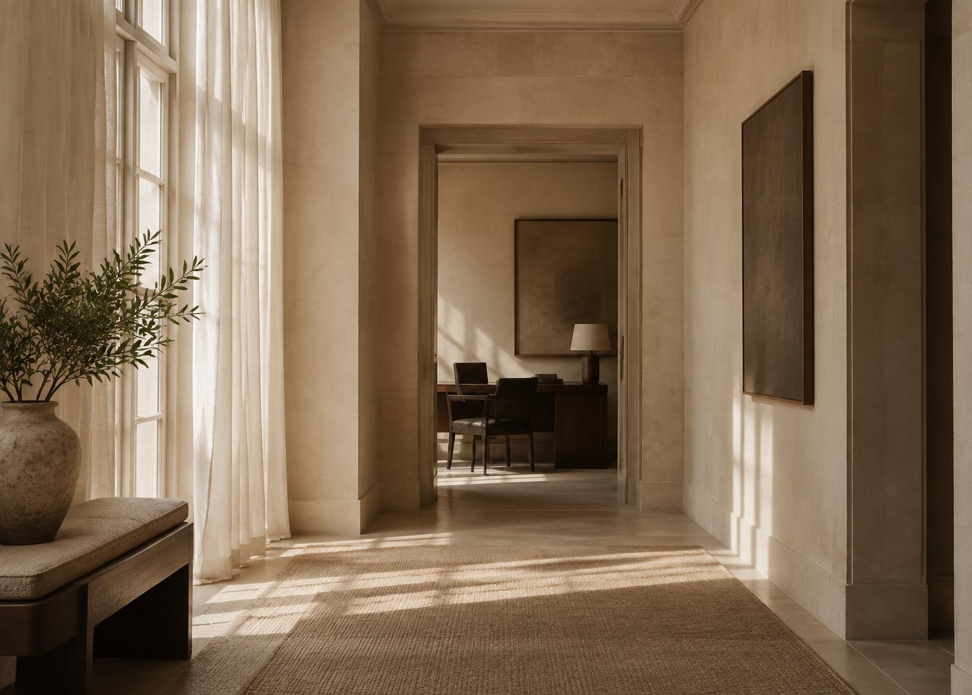 A sunlit corridor in a refined private office with limestone walls and linen curtains