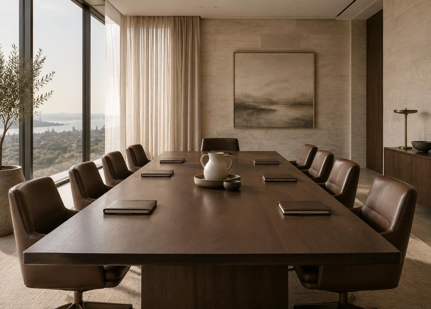 A quiet executive boardroom with a walnut table, leather chairs and a floor-to-ceiling window