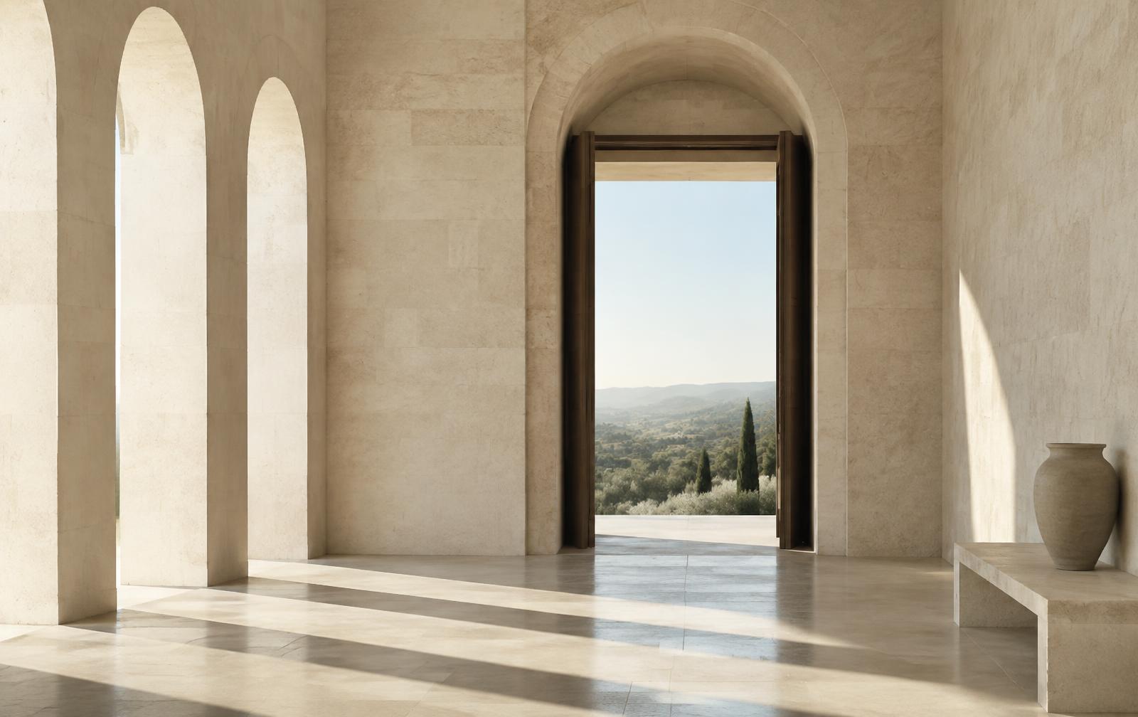 Pale limestone arches opening onto a distant sunlit landscape