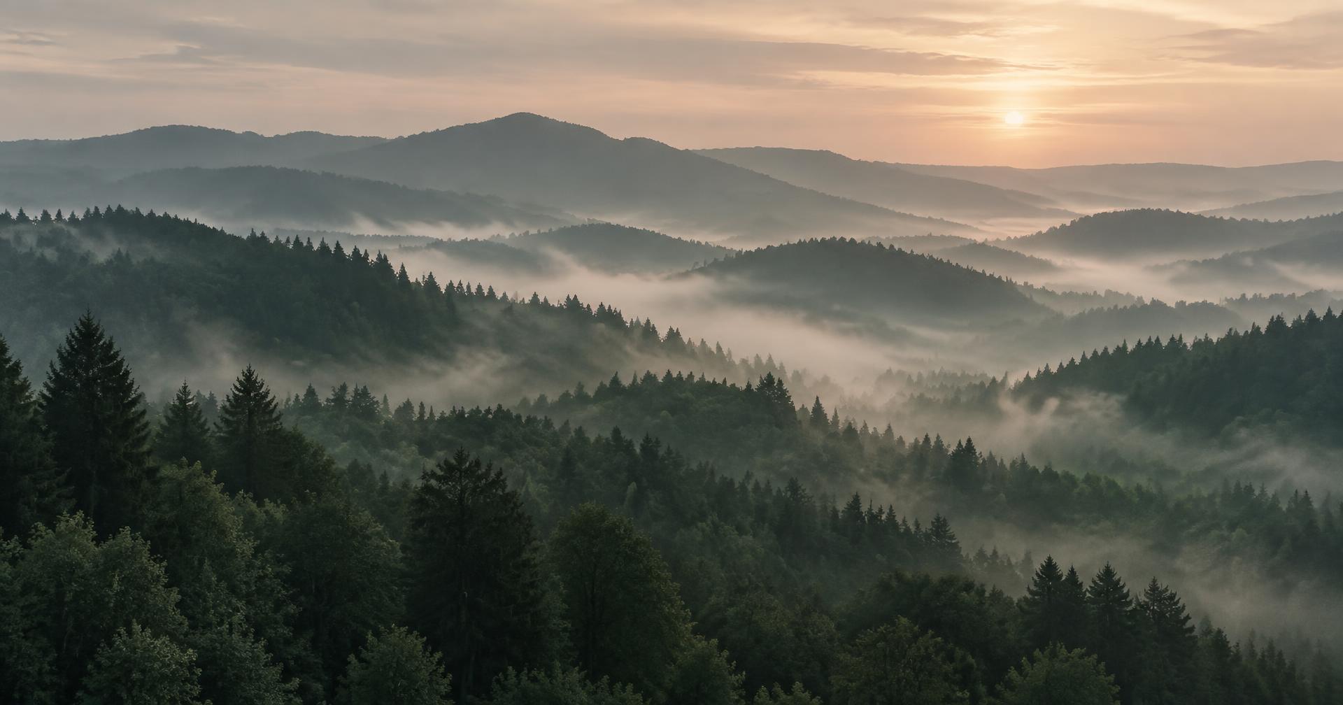 Layered forest ridgelines in morning mist